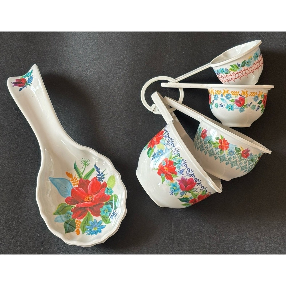 Pioneer Woman 4 Measuring Cups & Spoon Rest Set Melamine Floral Print Pattern